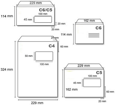 Dimensions de formats d'enveloppe de la série C - C0, C1, C2, C3, C4, C5, C6,  C7, C8, C9, C10 - Plus la taille d'enveloppe DL